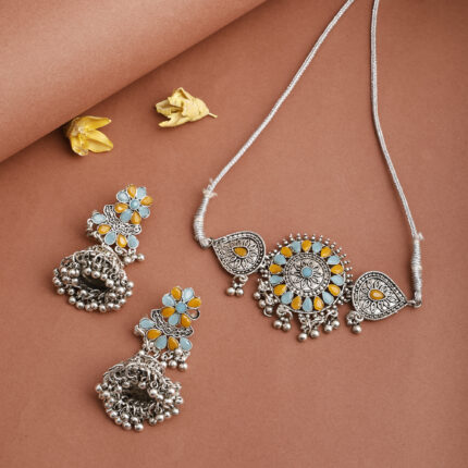GS SkyBlue Yellow Flower Round Choker