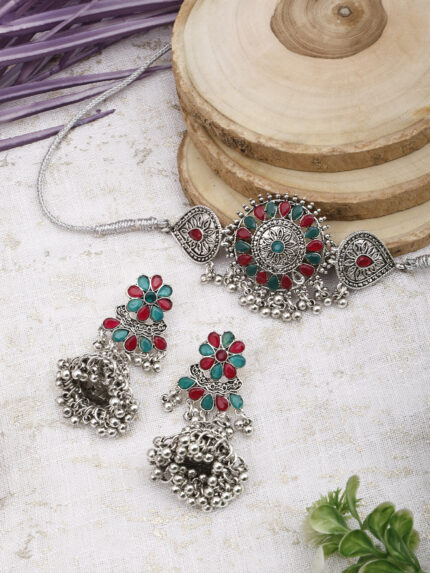 GS Green Maroon Flower Round Choker