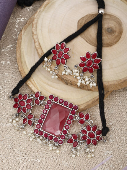 Maroon With Rectangular Big stone choker